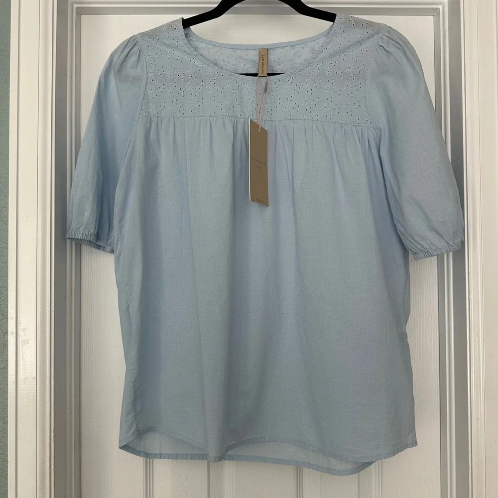 Soya‎ Concept Puff Sleeve Eyelet Detail Cottagecore Prairie Blue Size Small NWT
